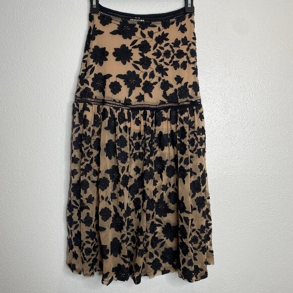 FOR LOVE & LEMONS Temecula mesh floral embroidered midi skirt Black/ Tan XS - Picture 3 of 7